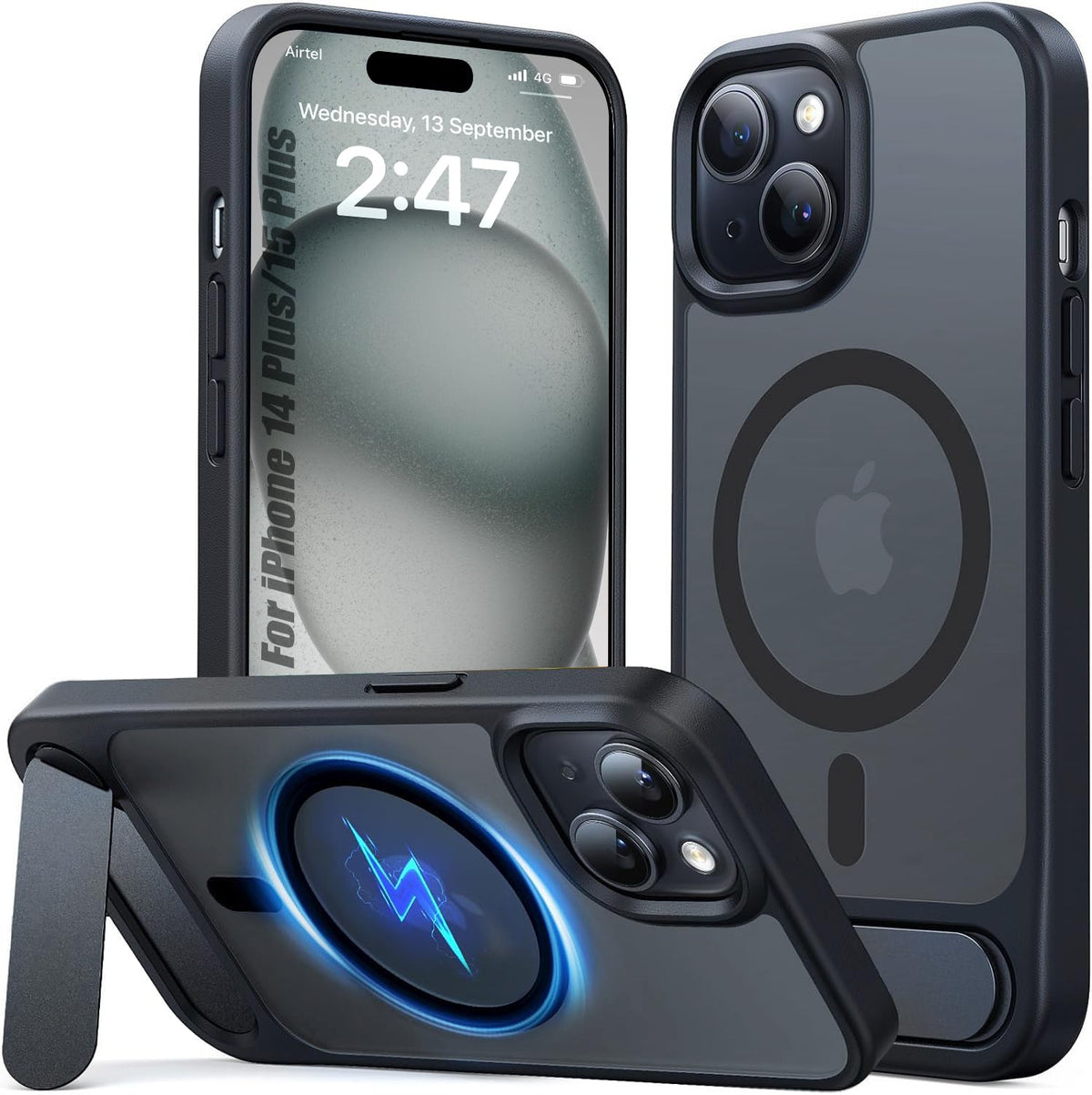 Enflamo Matte Back Cover Case Compatible with Stand Magnatic for iPhone 15 Plus & iPhone 14 Plus | Ultra Hybrid Camera Bump Protection (Black)