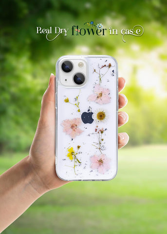 Enflamo Clear Silicone Case Floral Back Cover for iPhone 15 / iPhone 14 | with Pressed Dry Real Flowers (Rose Pink)