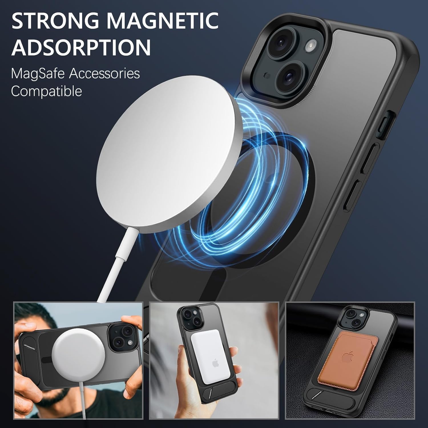 Enflamo Matte Back Cover Case Compatible with Stand Magnatic for iPhone 15 Plus & iPhone 14 Plus | Ultra Hybrid Camera Bump Protection (Black)