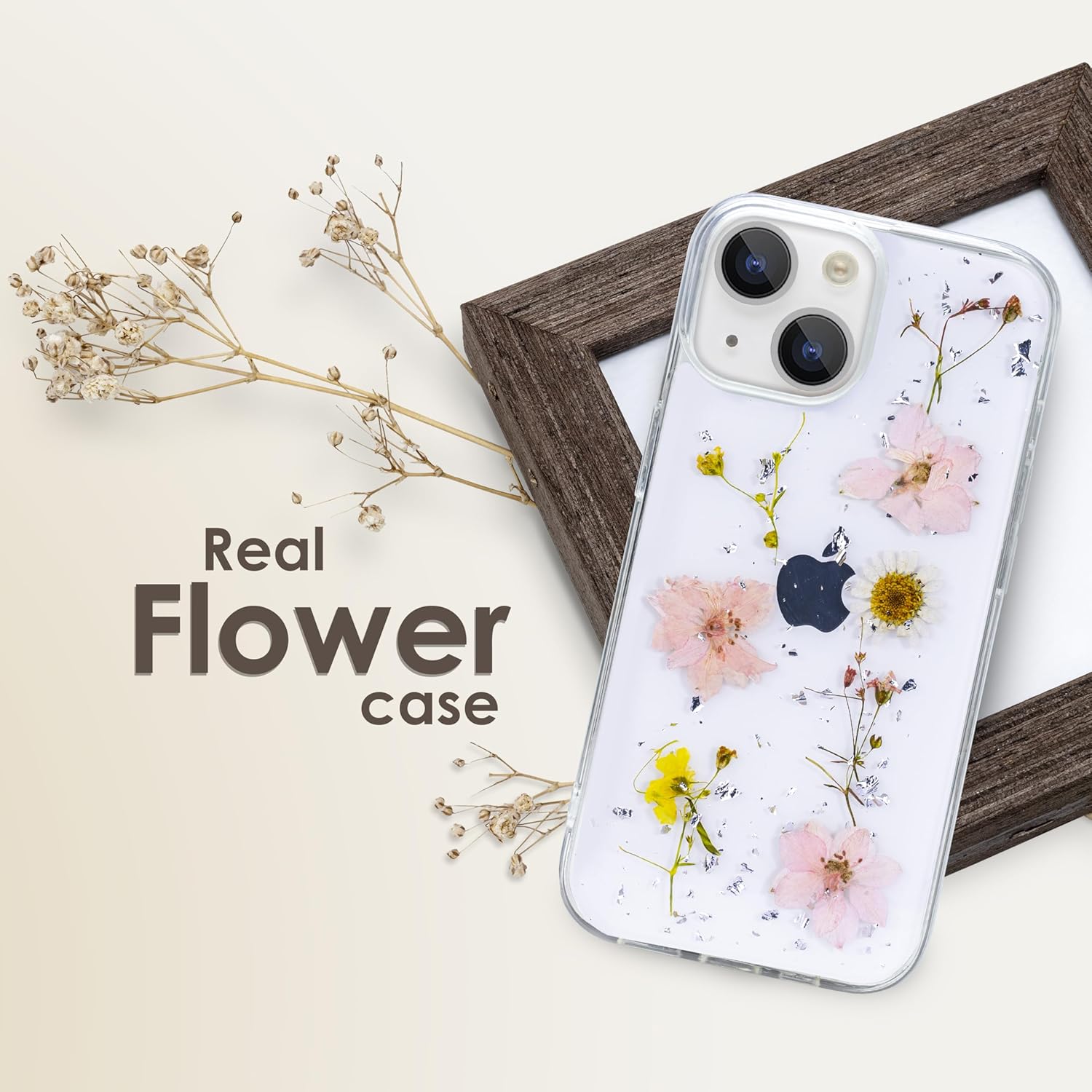 Enflamo Clear Silicone Case Floral Back Cover for iPhone 15 / iPhone 14 | with Pressed Dry Real Flowers (Rose Pink)