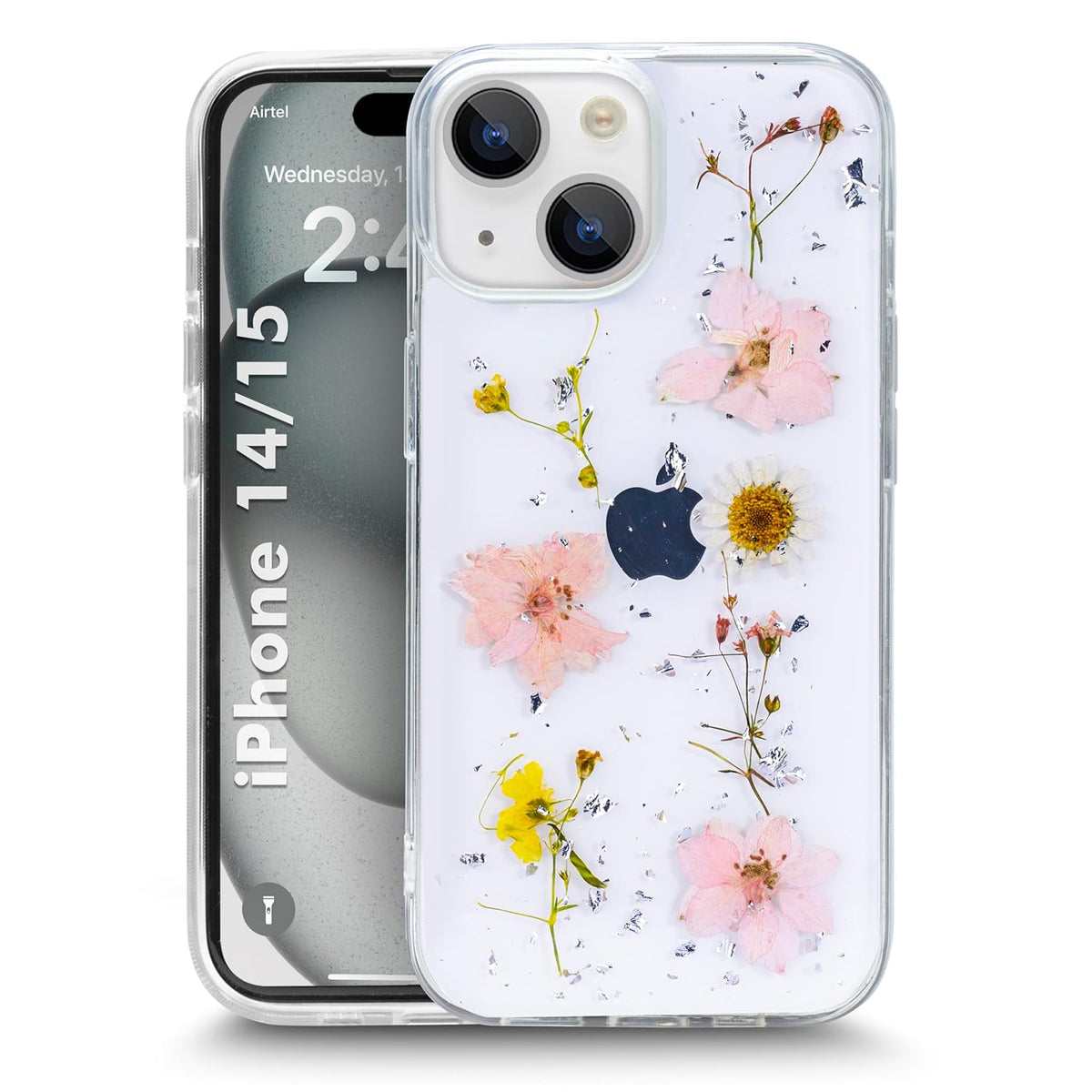 Enflamo Clear Silicone Case Floral Back Cover for iPhone 15 / iPhone 14 | with Pressed Dry Real Flowers (Rose Pink)