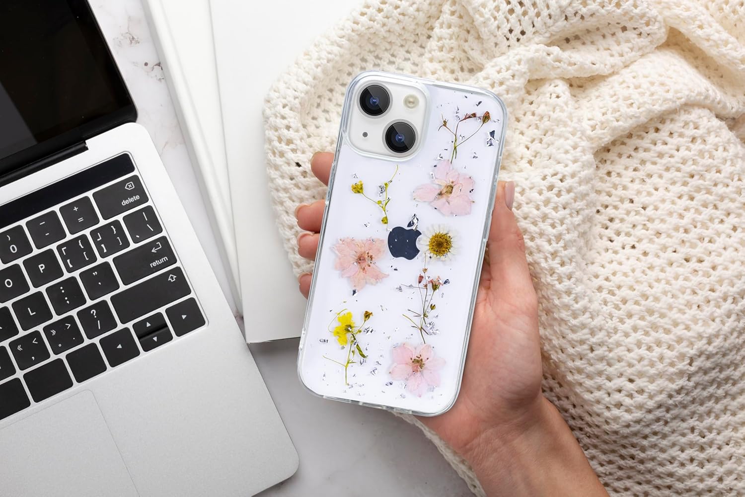 Enflamo Clear Silicone Case Floral Back Cover for iPhone 15 / iPhone 14 | with Pressed Dry Real Flowers (Rose Pink)