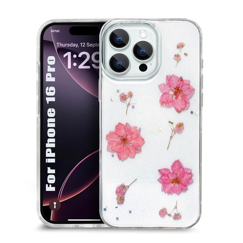 Enflamo Clear Silicone Case Glitter Floral Back Cover for iPhone 16 Pro | with Pressed Dry Real Flowers (Pink)