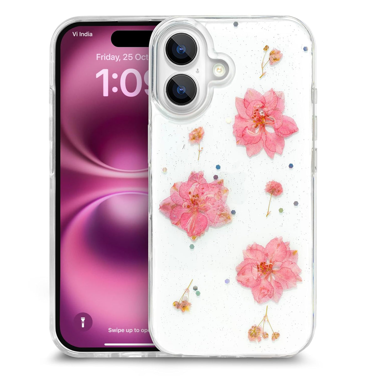 Enflamo iPhone 16 Case for Girls Soft Clear Silicone Glitter Floral Back Cover with Pressed Dry Real Flowers (Pink)