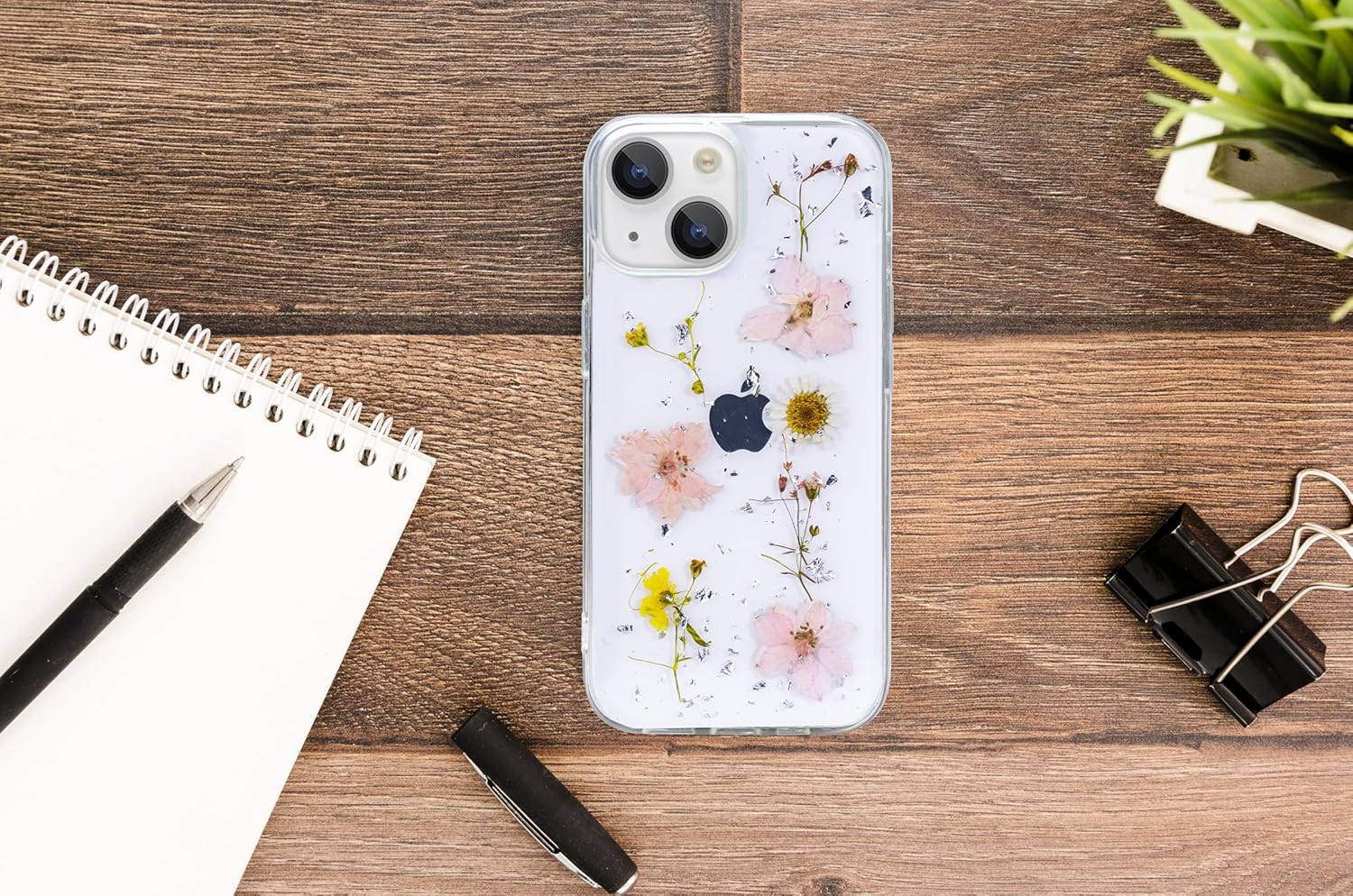 Enflamo Clear Silicone Case Floral Back Cover for iPhone 15 / iPhone 14 | with Pressed Dry Real Flowers (Rose Pink)