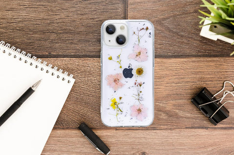 Enflamo Clear Silicone Case Floral Back Cover for iPhone 15 / iPhone 14 | with Pressed Dry Real Flowers (Rose Pink)