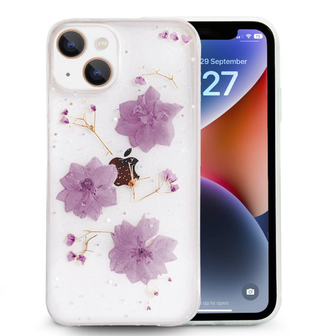 Enflamo Soft Clear Silicone Case Glitter Floral Back Cover for iPhone 14 | with Pressed Dry Real Flowers (Purple)