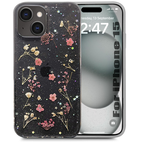 Enflamo Soft Clear Silicone Case Glitter Floral Back Cover for iPhone 15 | with Pressed Dry Real Flowers (Multicolor)