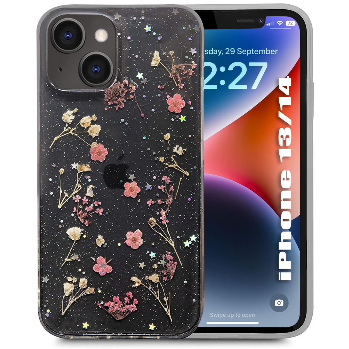 Enflamo Soft Clear Silicone Case Glitter Floral Back Cover for iPhone 14 / iPhone 13 | with Pressed Dry Real Flowers (Multicolor)