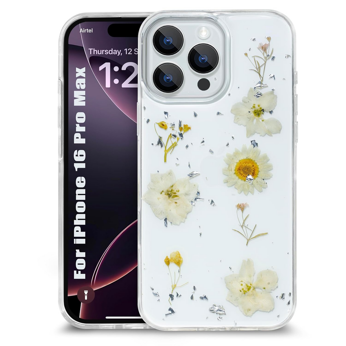 Enflamo Clear Silicone Case Glitter Floral Back Cover for iPhone 16 Pro MAX | with Pressed Dry Real Flowers (White)