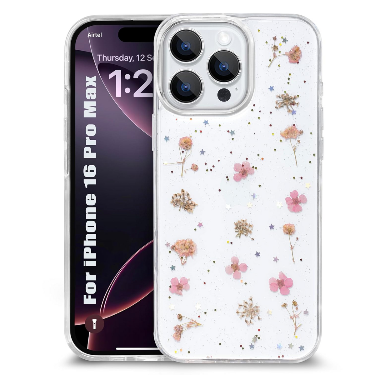 Enflamo Clear Silicone Case Glitter Small Floral Back Cover for iPhone 16 Pro MAX | with Pressed Dry Real Flowers (Pink)