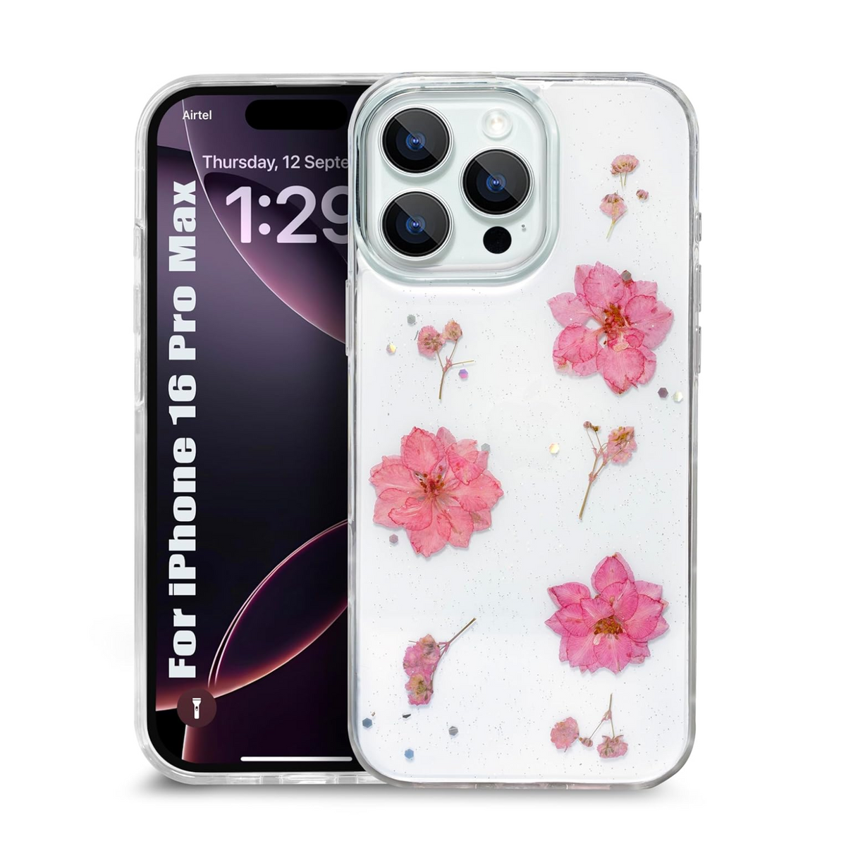 Enflamo Clear Silicone Case Glitter Floral Back Cover for iPhone 16 Pro MAX | with Pressed Dry Real Flowers (Pink)